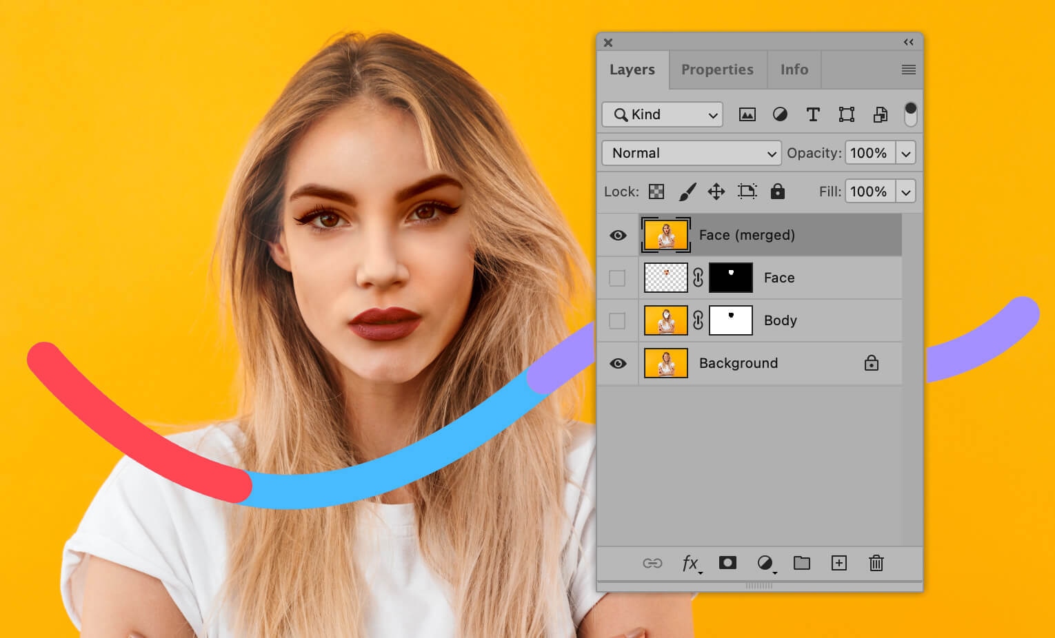 Final merged face layer with layer visibility settings in Photoshop on yellow background.